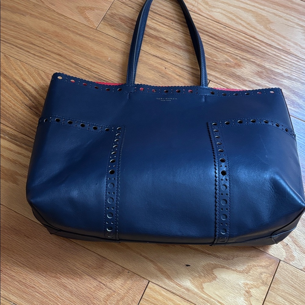 Tory Burch Block T Brogue Leather Tote Blue - Picture 8 of 12